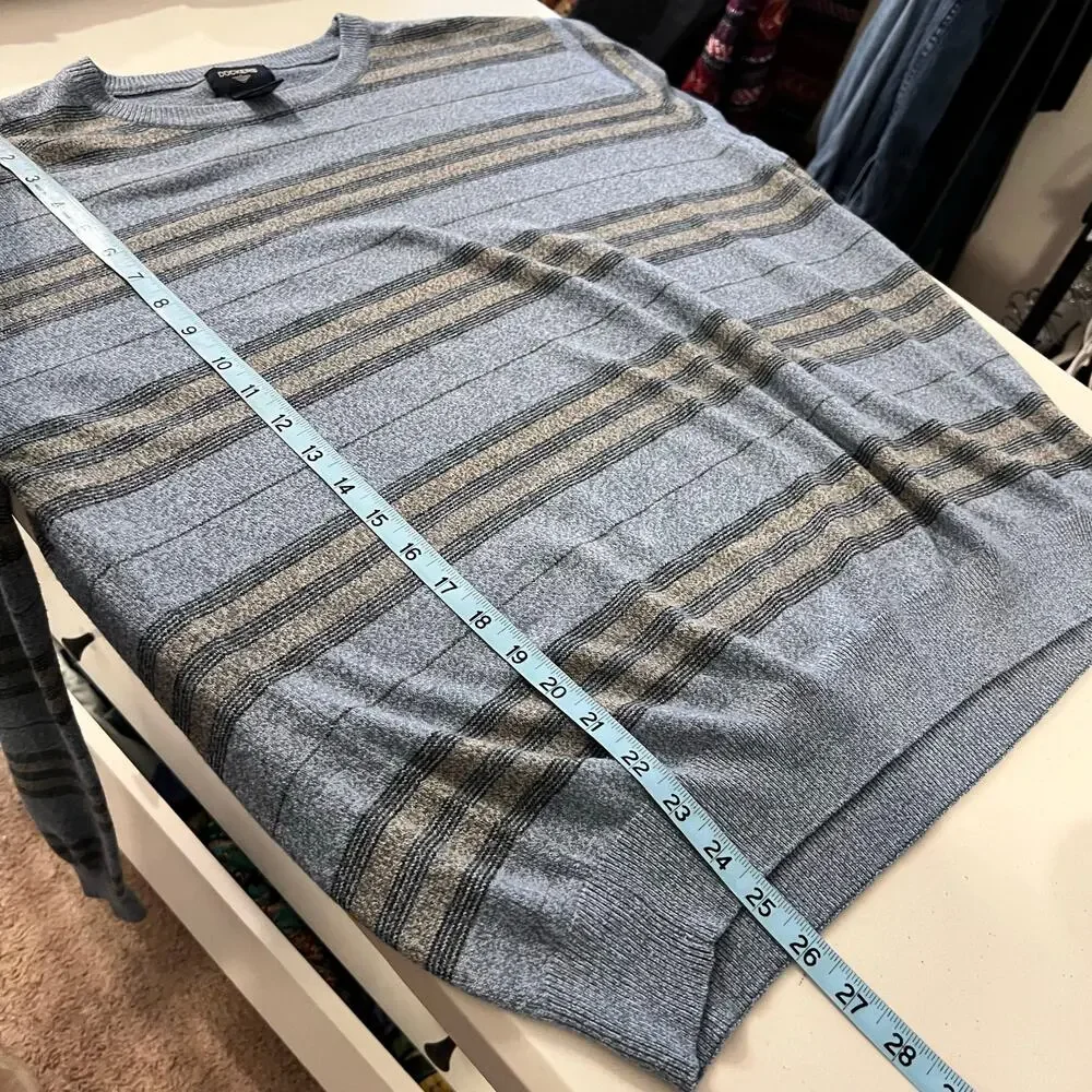 Vintage 90s Blue Knit Oversized Striped Crewneck Pullover Sweater Size XL